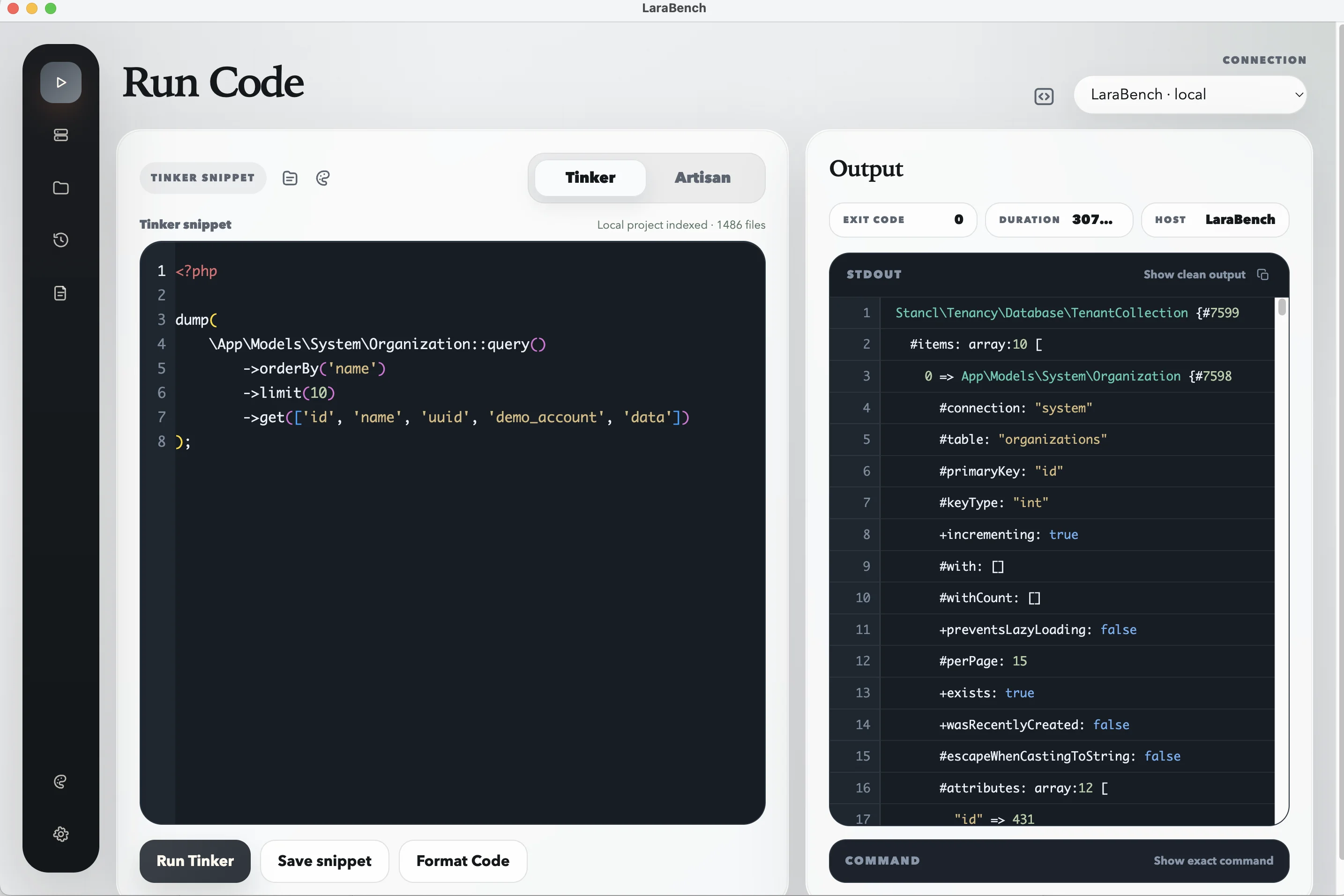 The LaraBench Run Code screen with a Tinker snippet and its output