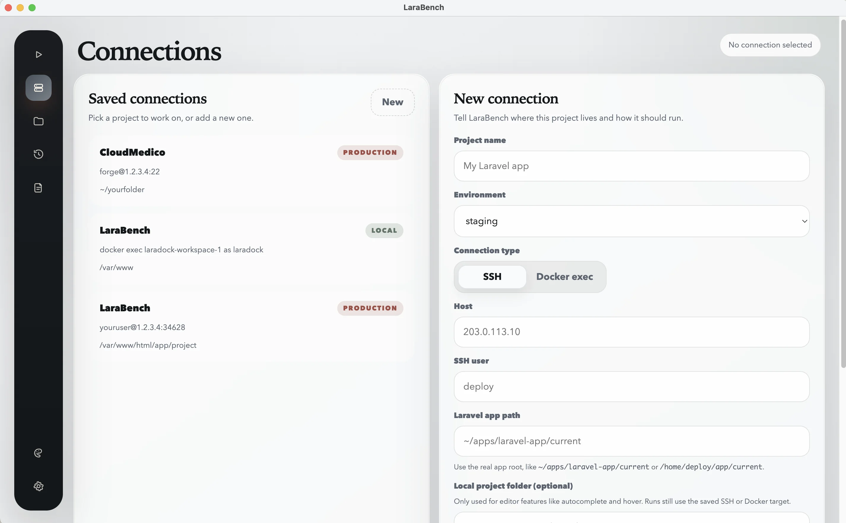 The LaraBench Connections screen with saved local, SSH, and Docker connections and the new-connection form