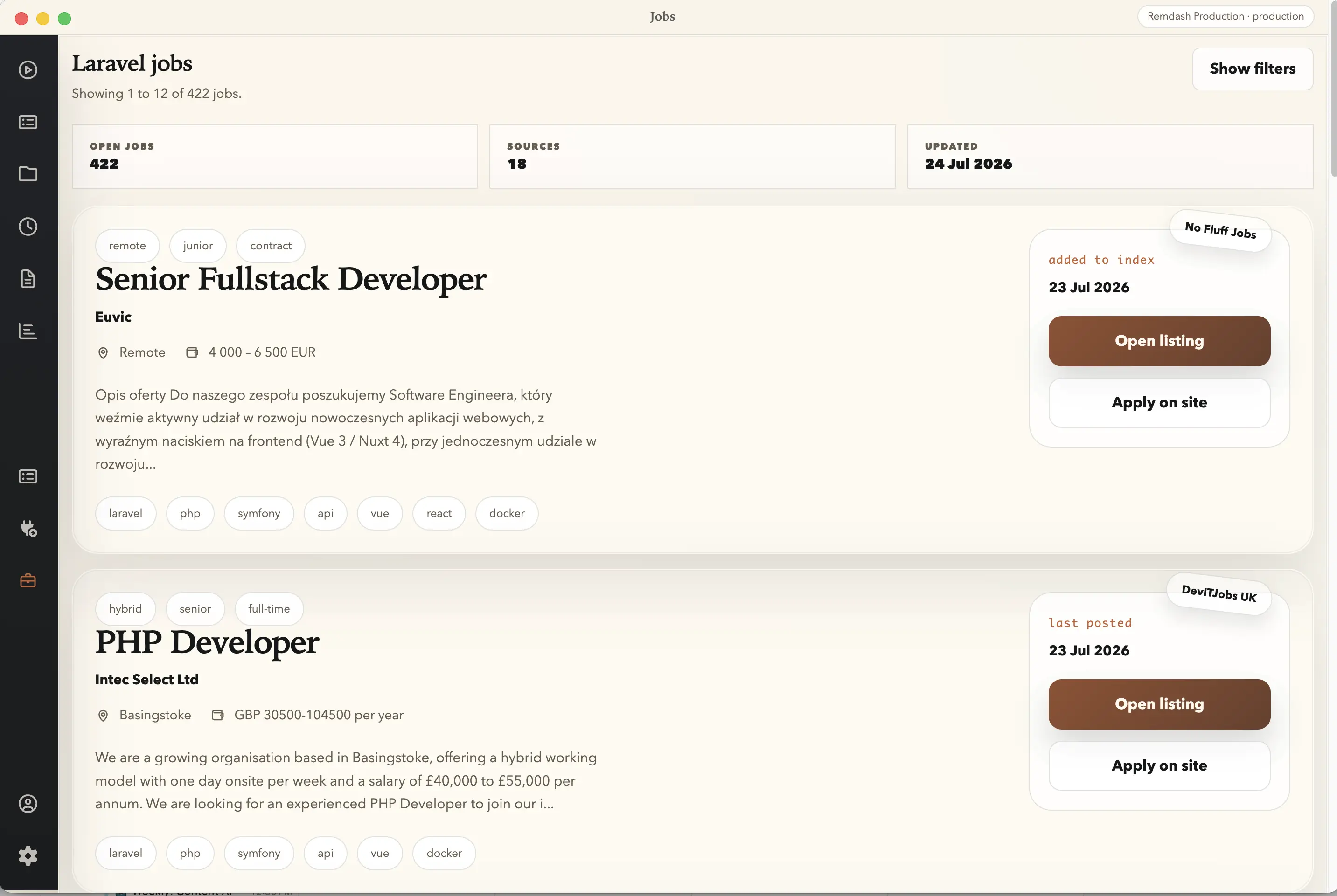 The LaraBench Laravel jobs page listing roles with salary, source, and apply links, plus open-jobs and source counts