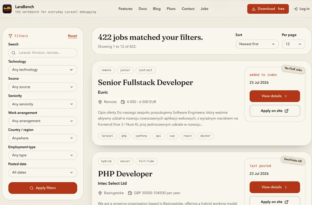 The LaraBench web jobs board with filters for technology, source, seniority, work arrangement, and country