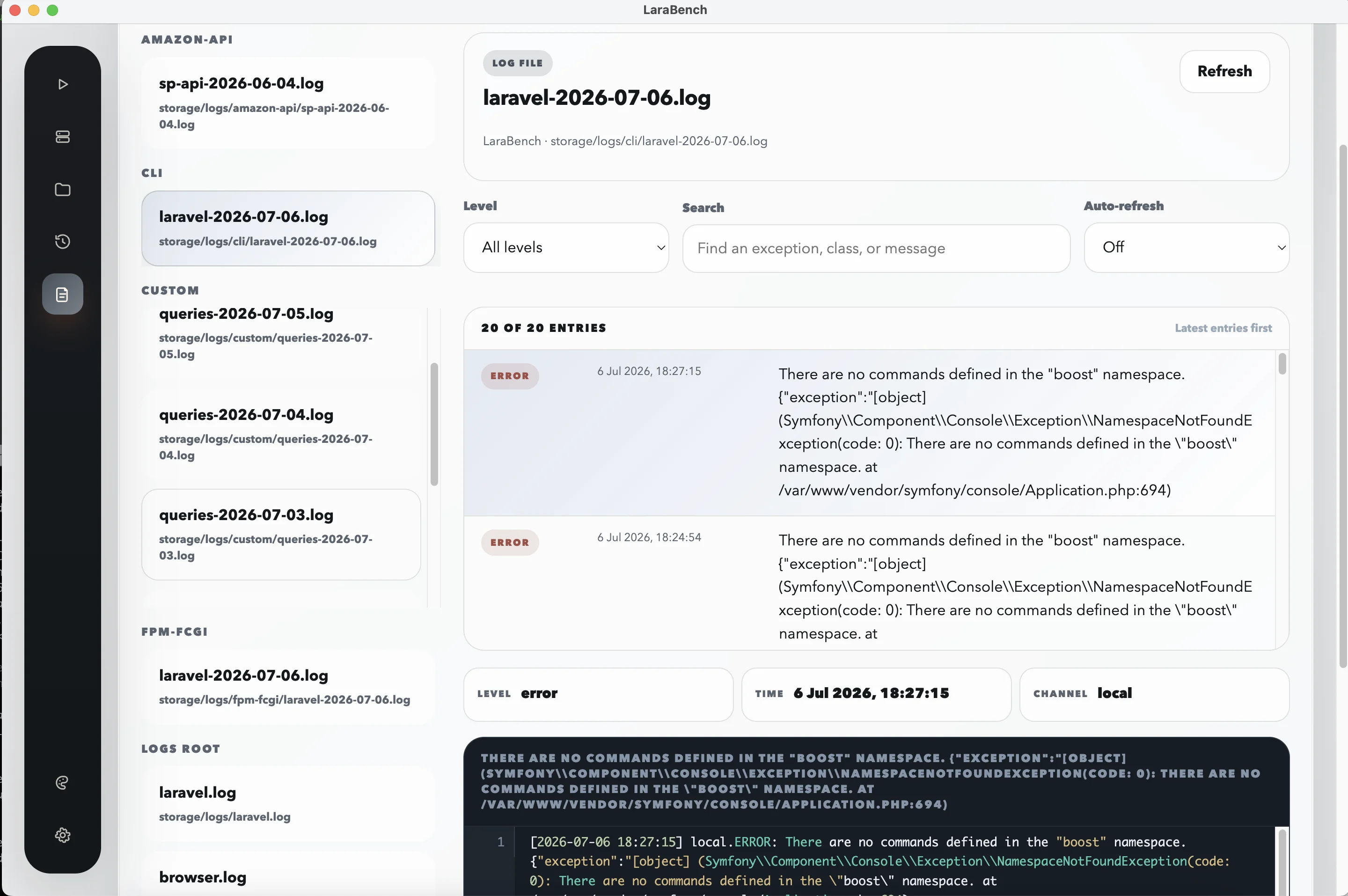 The LaraBench log viewer showing Laravel log entries filtered by level