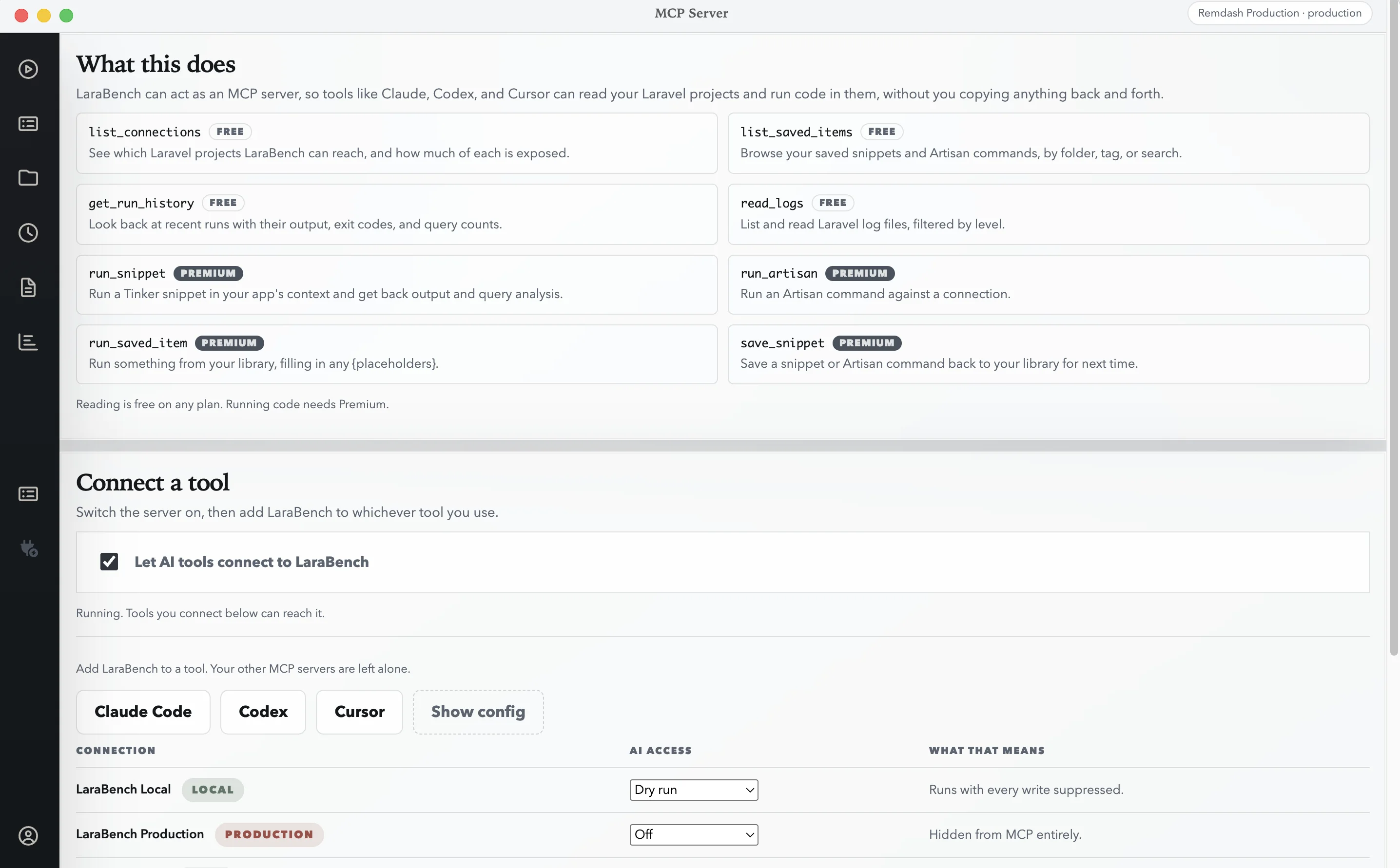 The LaraBench MCP Server page listing tools, safety guarantees, and connected AI clients
