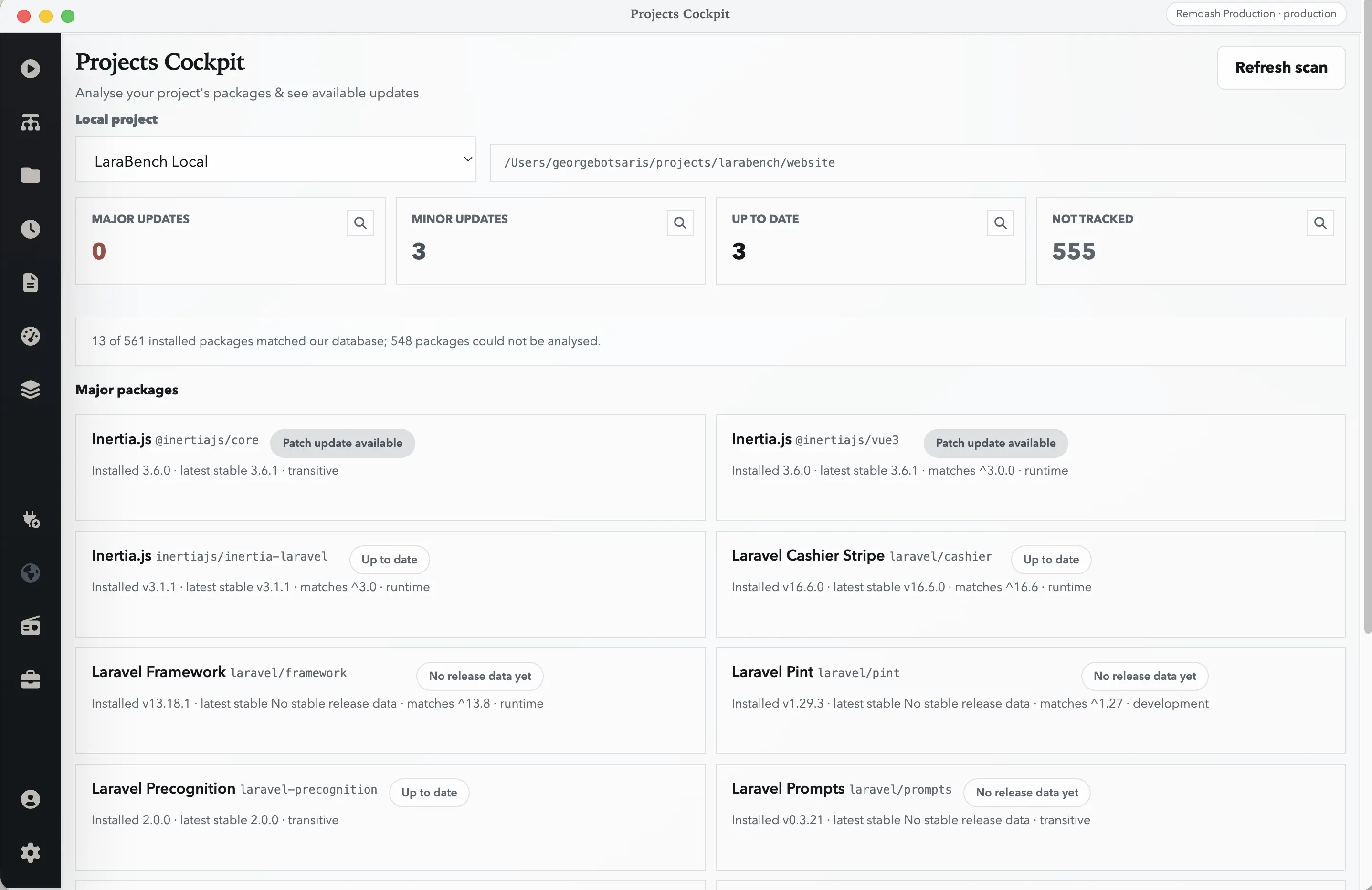 The LaraBench Projects Cockpit screen showing package update counts and package cards for a local Laravel project