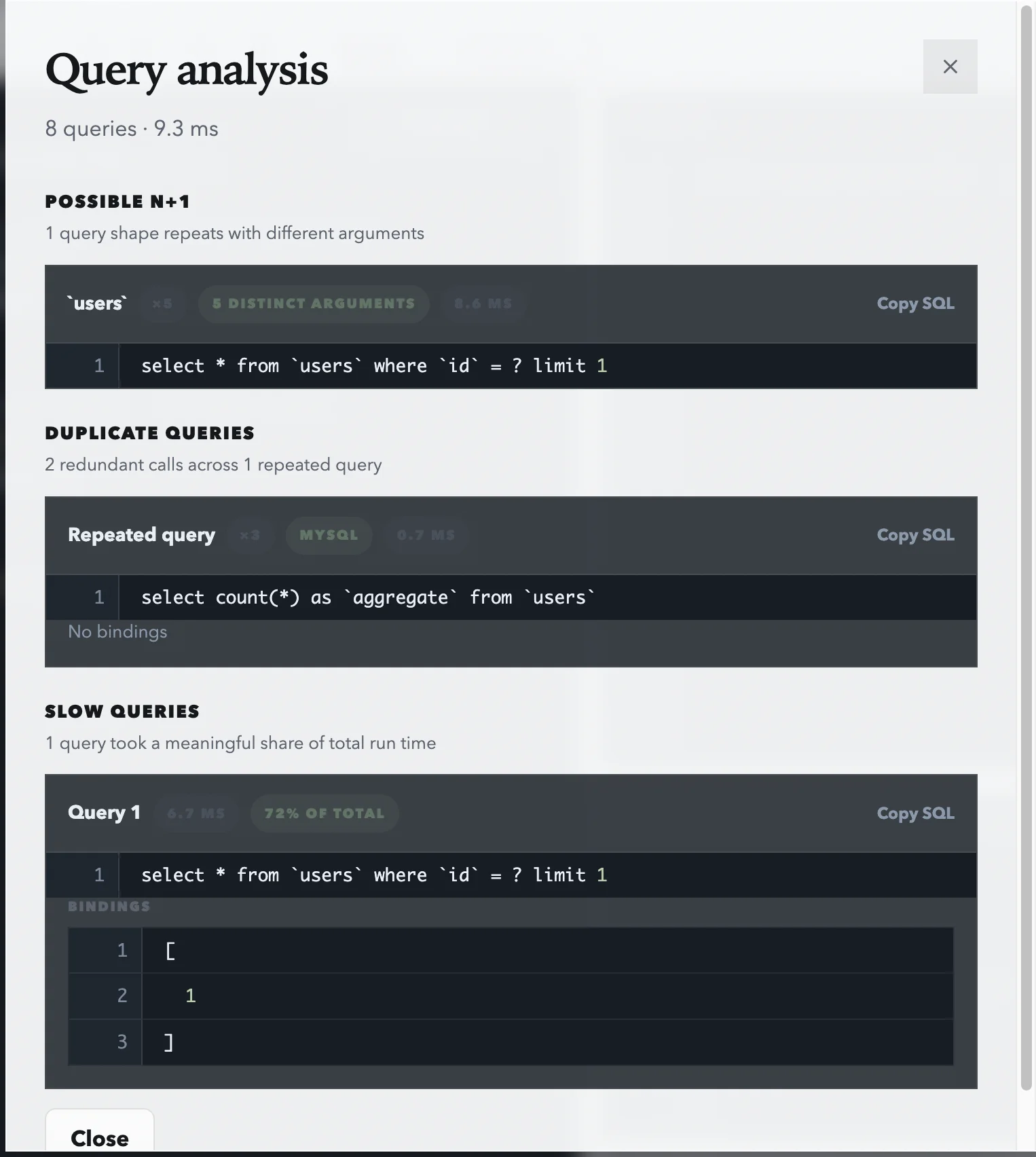 The LaraBench query analysis panel listing a possible N+1 on the users table, duplicate queries, and slow queries