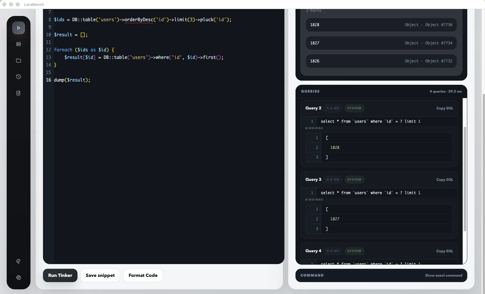 Executed SQL queries rendered in a dedicated panel with timing and bindings