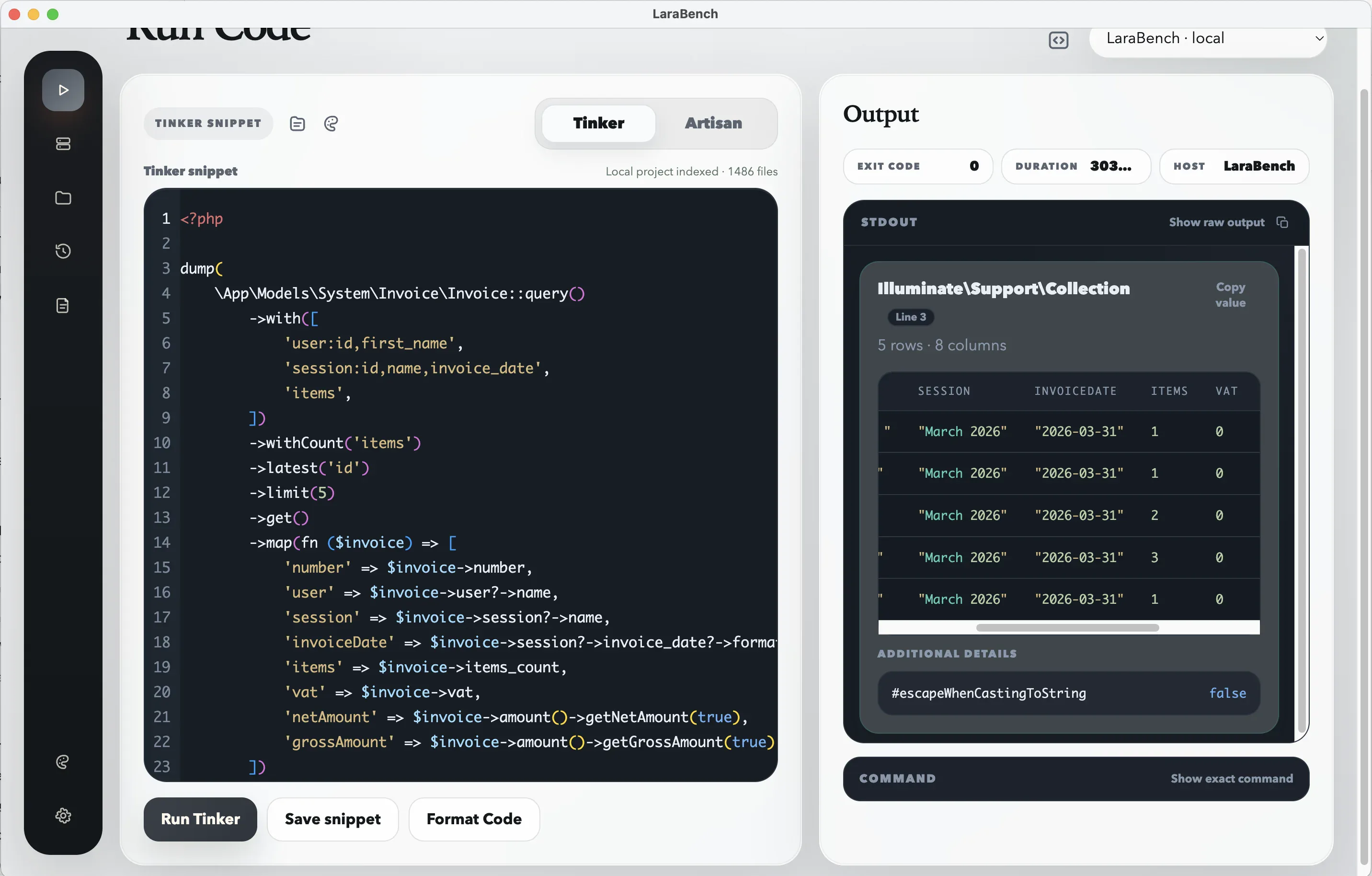 A LaraBench result panel showing a structured Laravel Tinker output array.