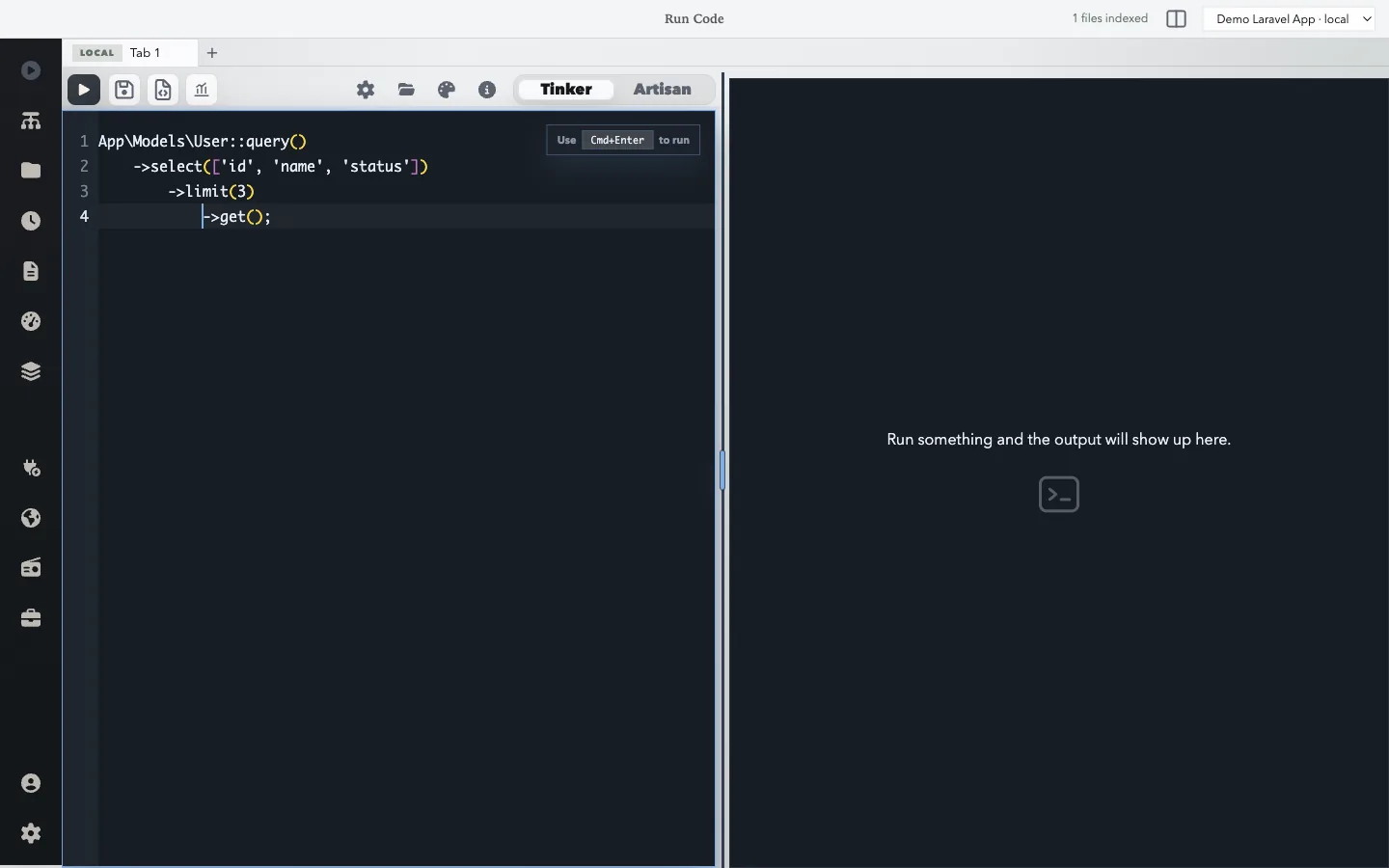 The LaraBench Run Code screen with a four-line Eloquent User query that selects id, name, and status and limits the result to three rows.