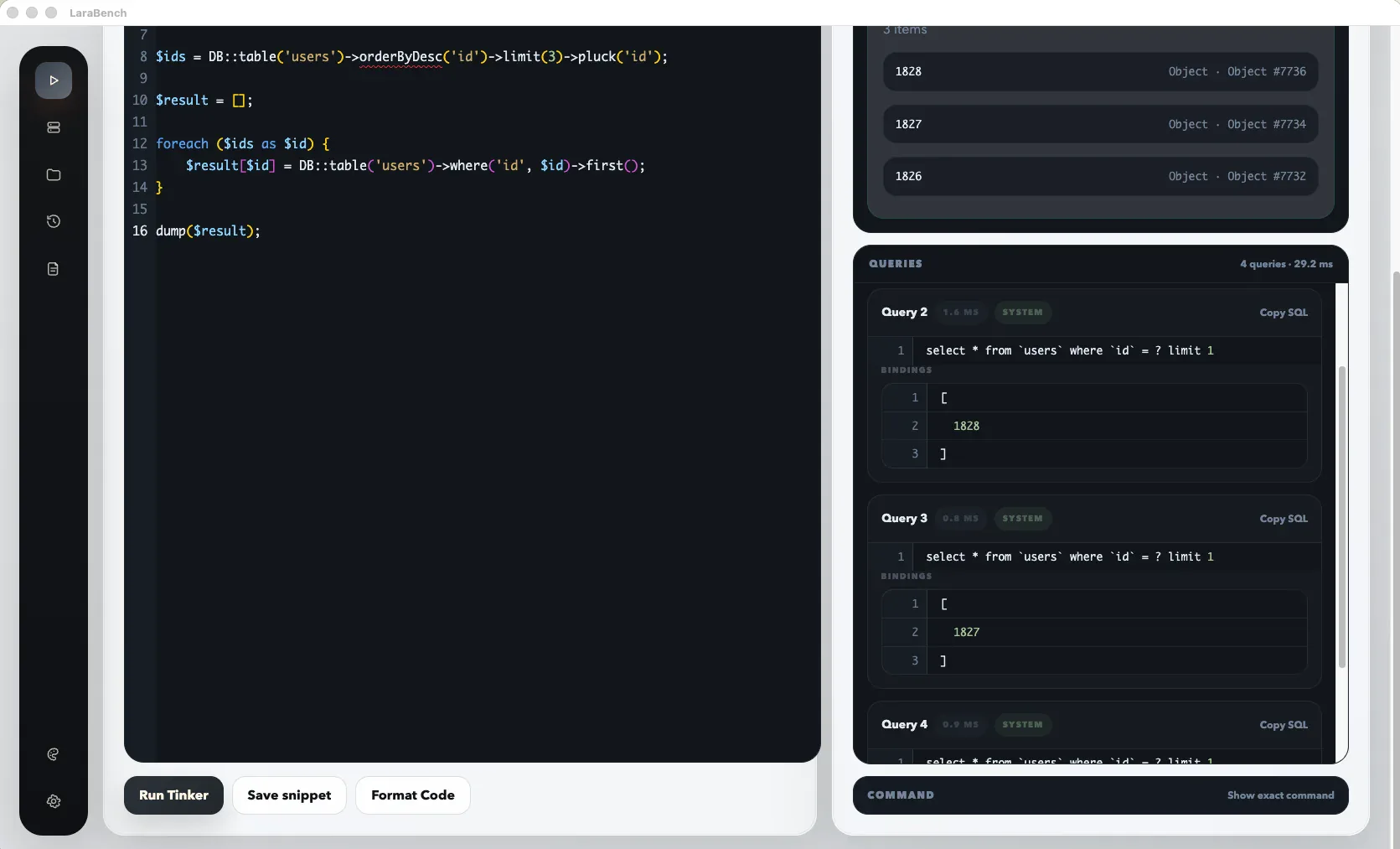 The LaraBench SQL queries panel listing captured queries and timings from a Laravel Tinker run.