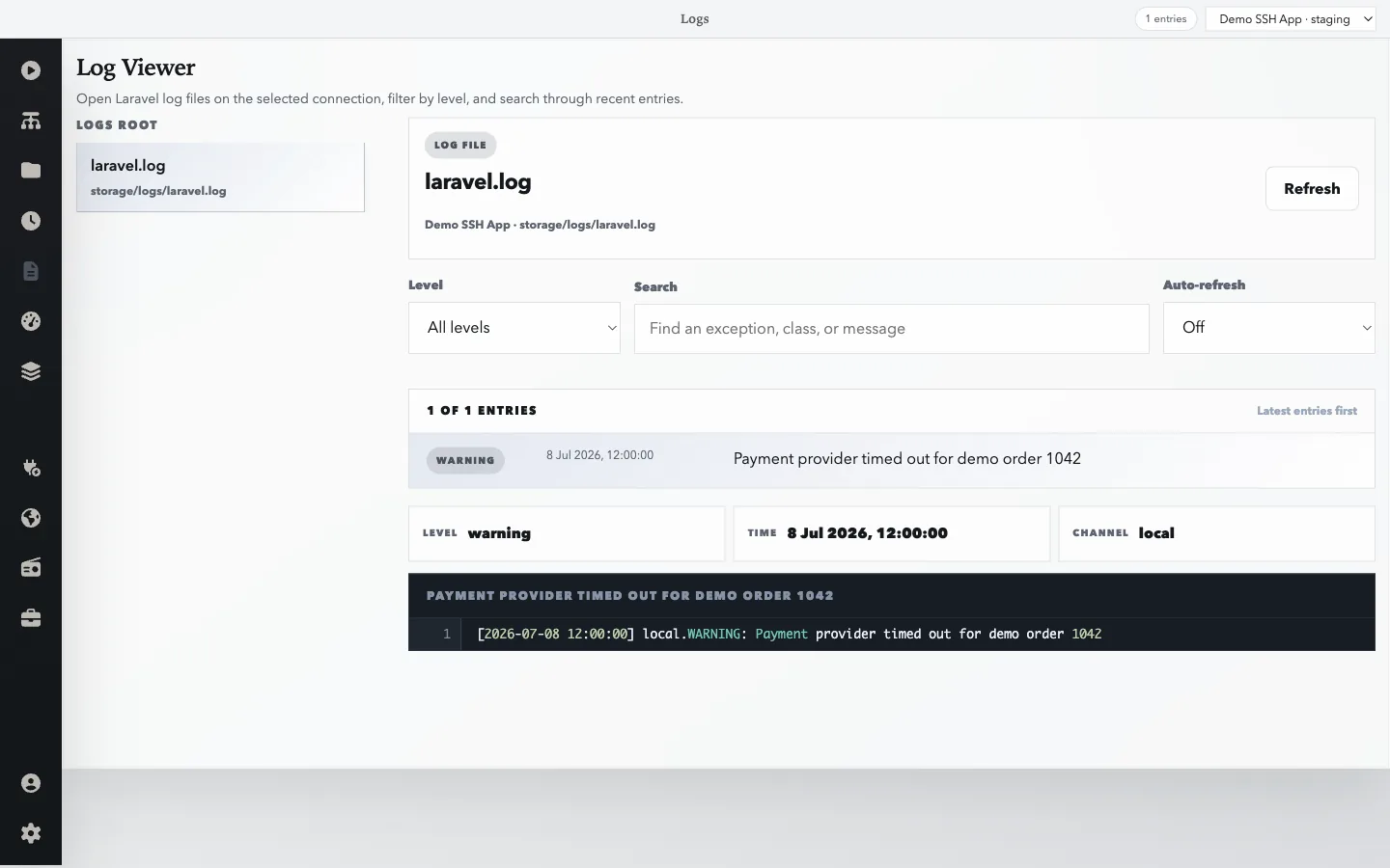 The LaraBench Logs screen for Demo SSH App staging showing one warning with its timestamp, channel, message, and raw log line.