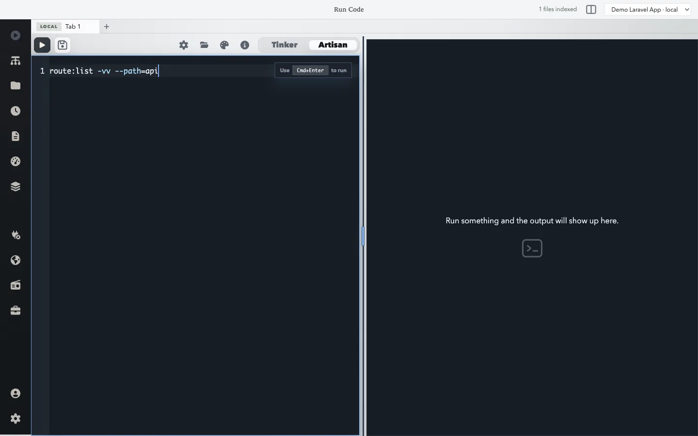 The LaraBench Run Code screen in Artisan mode with route:list -vv --path=api prepared in the command editor.