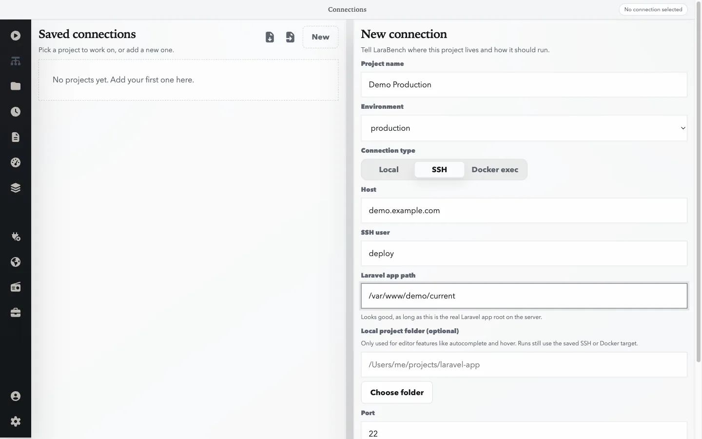 A new LaraBench SSH connection form filled with the neutral demo.example.com host, deploy user, production environment, and Laravel app path.