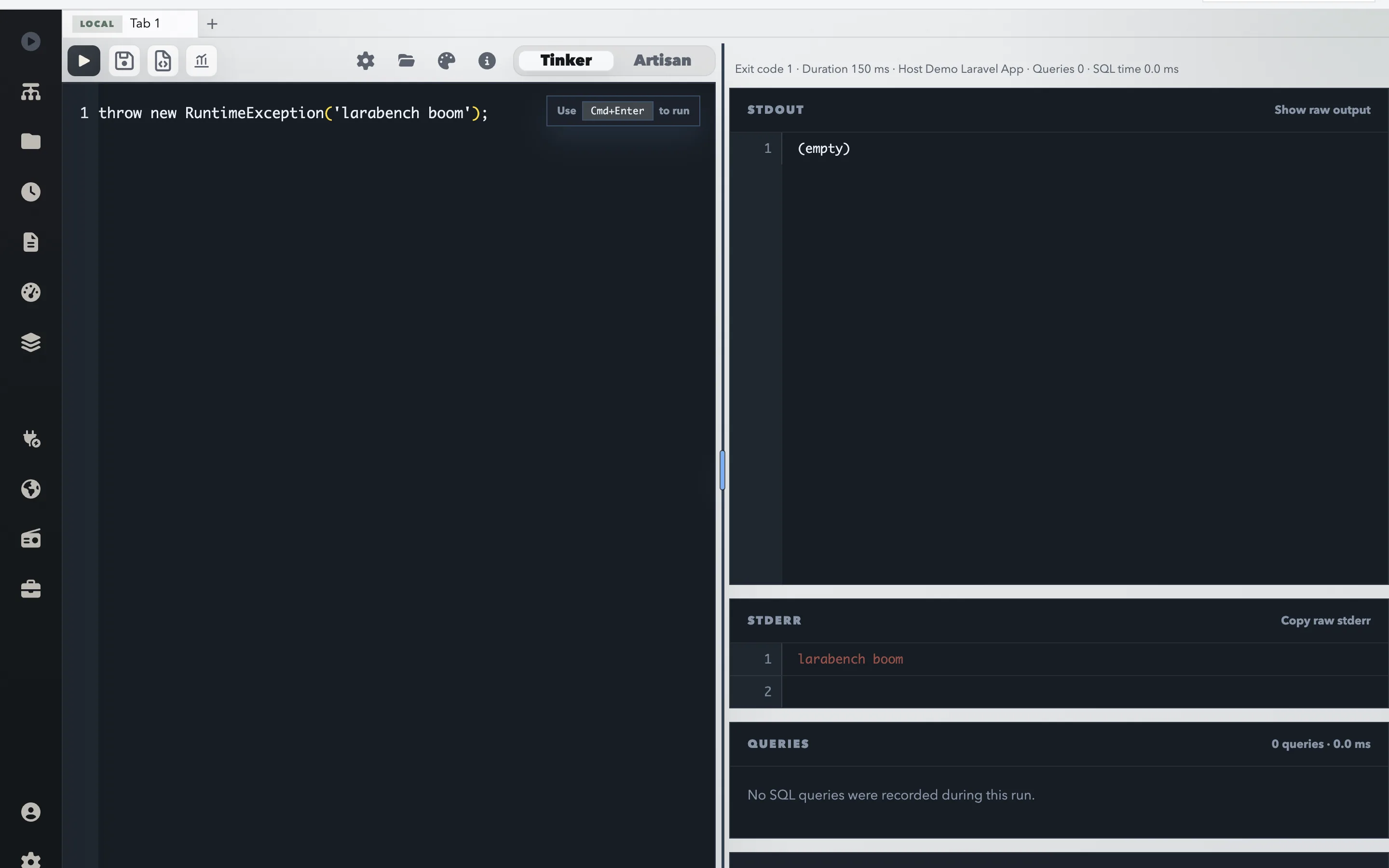 LaraBench Run Code showing a failed Tinker snippet, exit code 1, empty stdout, and the exception message in stderr.